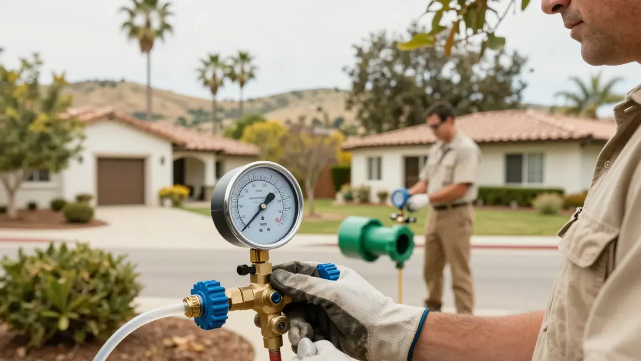 Backflow Testing in Yorba Linda, California: close-up of a pressure differential gauge displaying a stable reading, with the