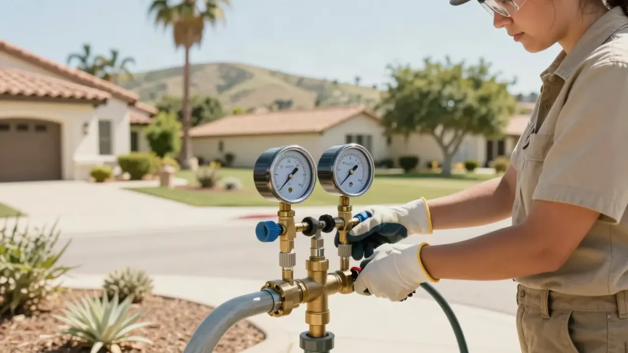 Backflow Testing in Yorba Linda, California: close-up shot of a certified backflow technician's gloved hands meticulously