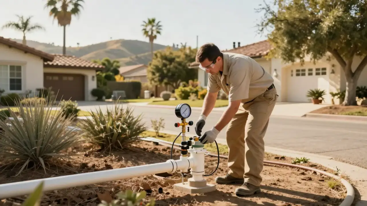 Backflow Device Relocation and Theft Guard Installation in Yorba Linda, California: certified backflow technician carefully
