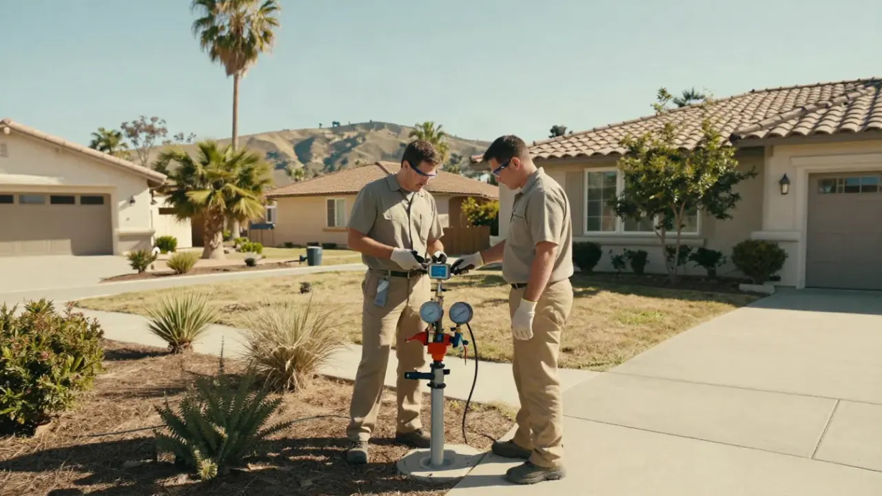 Backflow Testing in Yorba Linda, California: certified backflow technician discussing the backflow preventer installation
