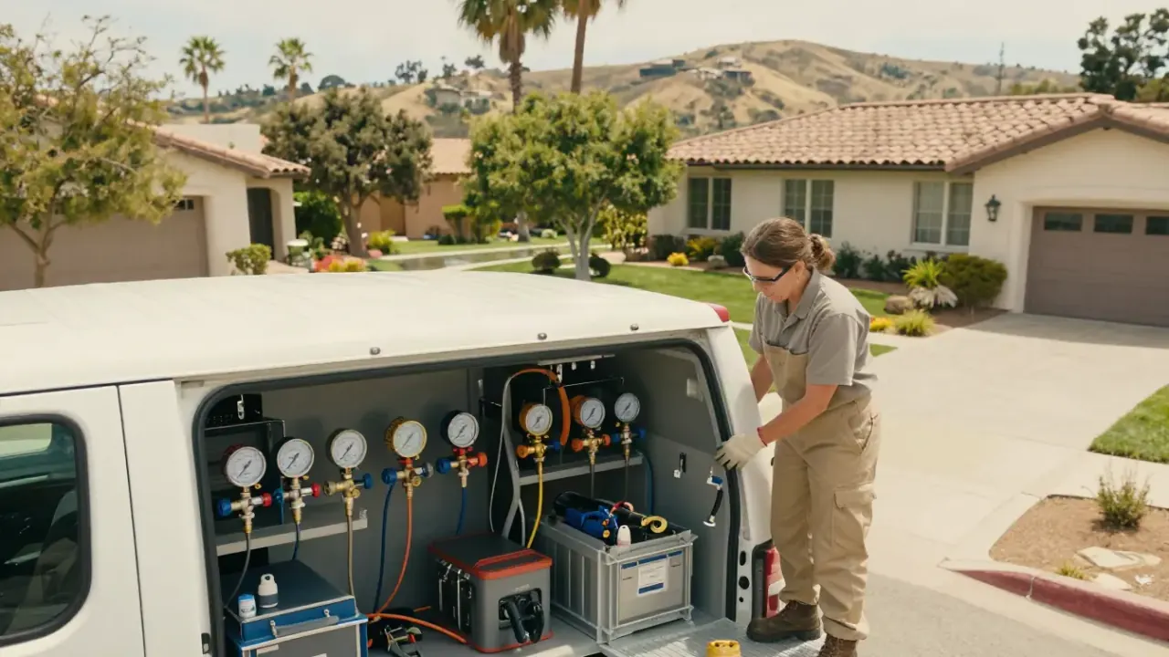 Backflow Testing in Yorba Linda, California: full shot of a clean, well-organized service vehicle with a visible array of