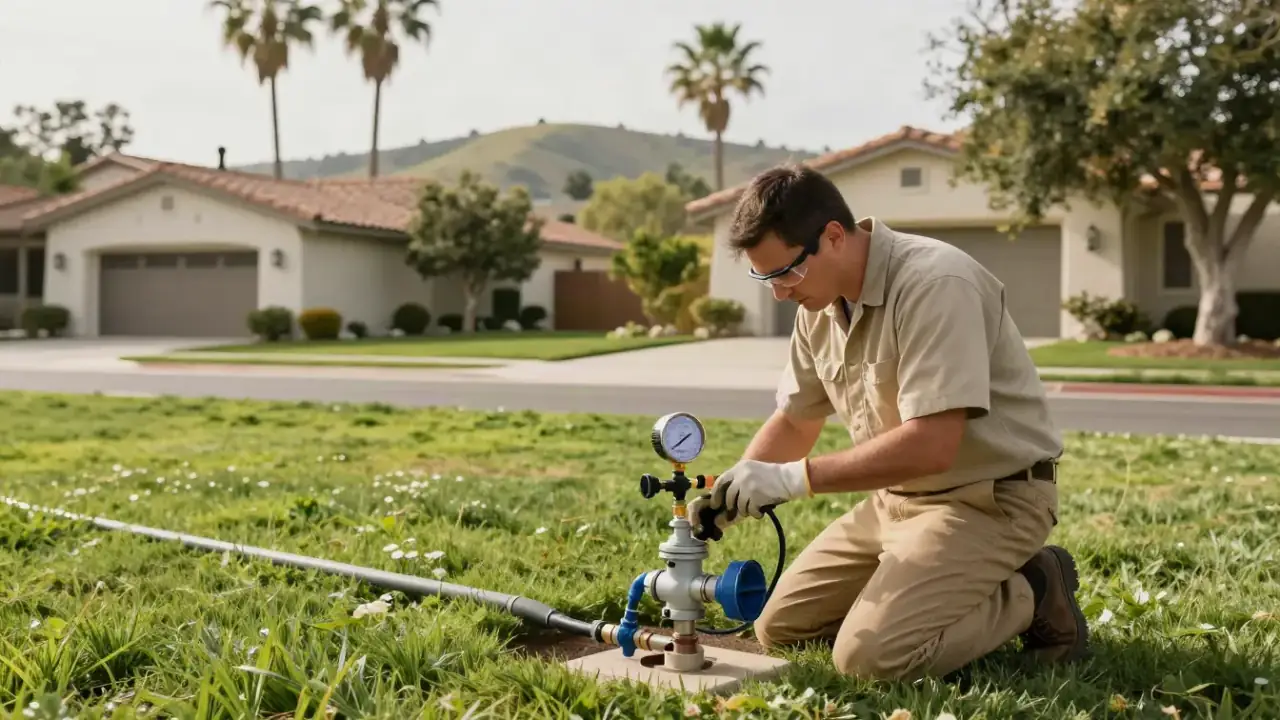 Backflow Testing in Yorba Linda, California: wide shot of a certified backflow technician kneeling in a lush residential